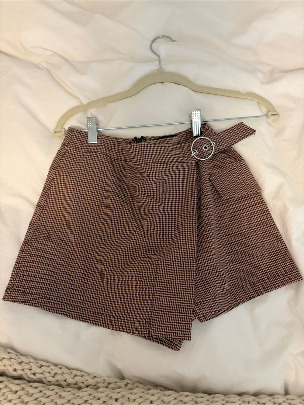 Forever 21 Brown Houndstooth Wrap Skort with Silver Buckle